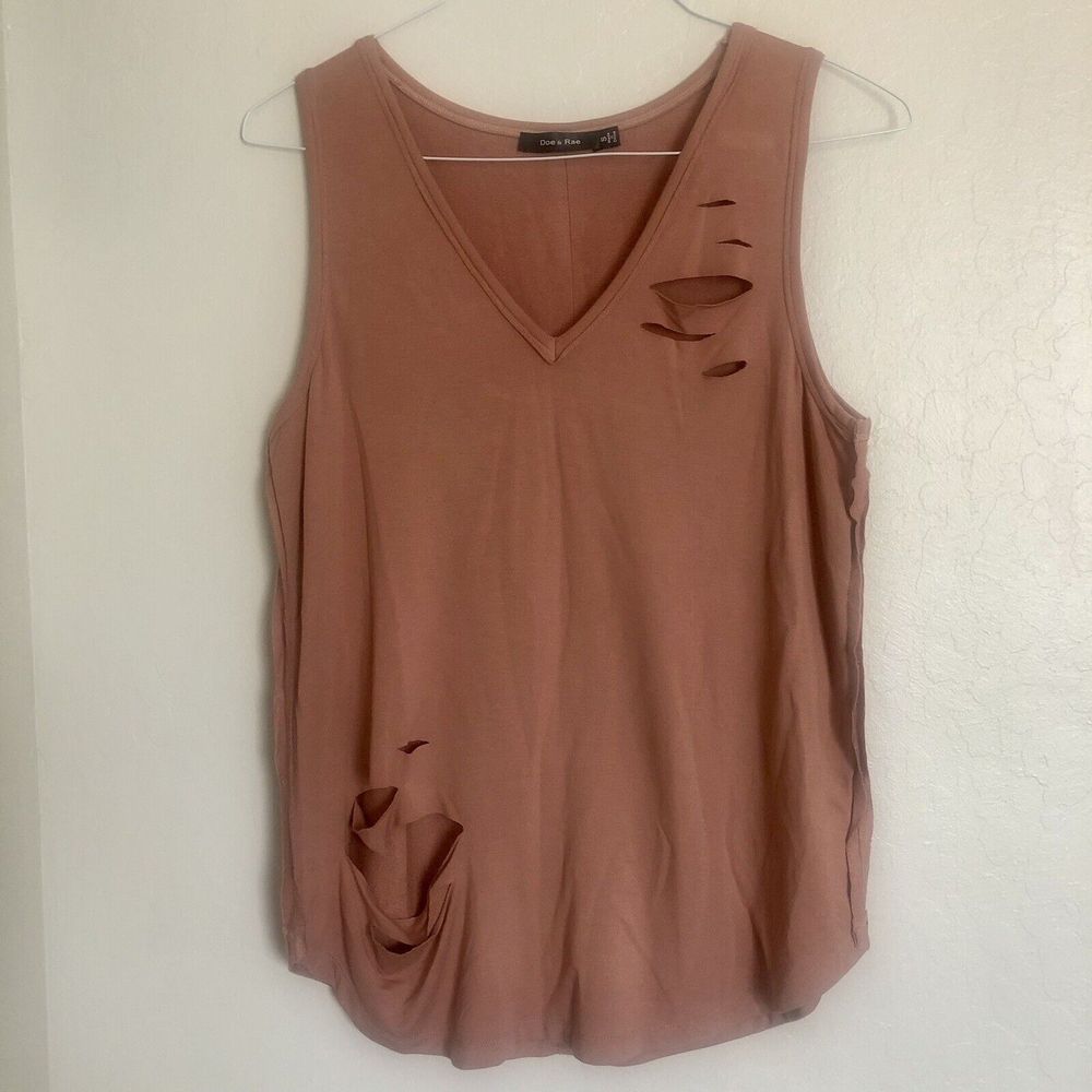 Doe & Rae Earth Colored Distressed Slash Cut Tank - Size Small